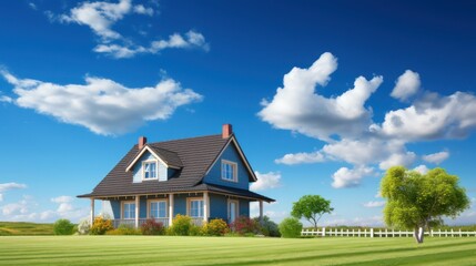 Real estate property business with a photo of a modern minimalist house, with a bright blue sky background, copy space background wallpaper.