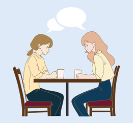 Happy girls sitting at a table in a cafe, talking, drinking coffee. Close friends chatting, spending time together. Hand drawn flat cartoon character vector illustration.