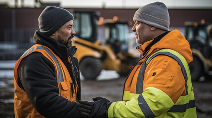A construction site comes to life as two engineers engage in discussion, showcasing their expertise
