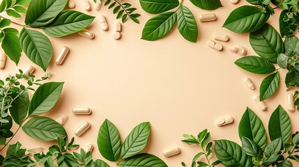 Naklejka na ściany i meble Ashwagandha leafy greens and pill, capsule combination on a beige backdrop, space, Generative AI.