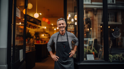 Restaurant entrepreneur with tablet, leaning on door and open to customers portrait - Powered by Adobe