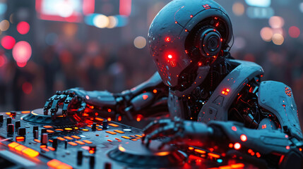Robotic DJ at Mixing Console, Futuristic Music Producer, Cyber DJ in Neon Lights - obrazy, fototapety, plakaty