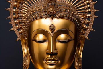 Golden buddha face on black background, close-up