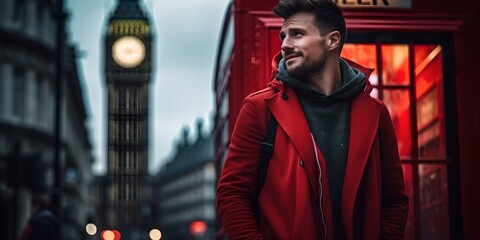 Fototapeta premium Stylish man in red jacket near a british phone booth and big ben. evening in london ambiance. AI