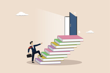 Education for new opportunity, growth concept, knowledge to open door to success, businessman climb up book stack stair to reach opportunity door.