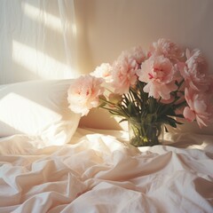 Pink peonies in a glass vase in the sunlight bedroom blurred background space for text