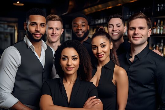 Beyond Borders, Behind the Bar: A Cultural Cocktail of Camaraderie (Image of diverse bartenders working together, highlighting the teamwork and collaboration in a busy bar environment)