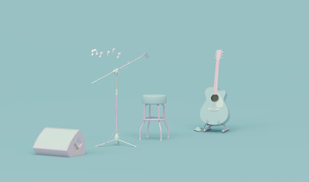Concert stage with guitar, microphone and speakers on pastel pink background in blue colors. Minimalism concept. Music application Concept.3D render.	