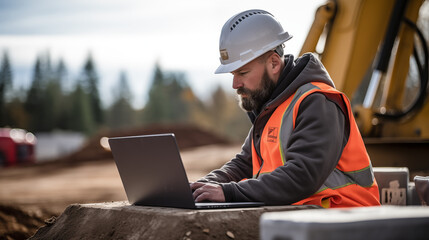 a Caucasian young engineer concentrates on tasks, using a laptop on a dynamic road construction site