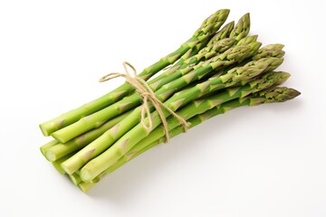 Bunche of fresh asparagus tied with natural thread on a white background,isolated,top view,close up,space for text.Generative AI