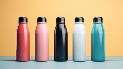 Plain plastic drink bottles without labels, colorful on a white background.