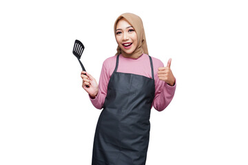 hijab muslim cooking woman with spatula and cook tools isolated transparent