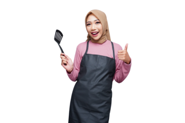 hijab muslim cooking woman with spatula and cook tools isolated transparent
