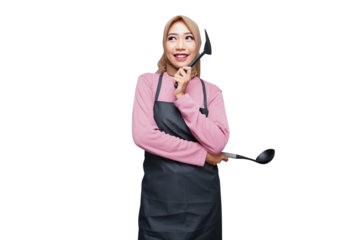 hijab muslim cooking woman with spatula and cook tools isolated transparent