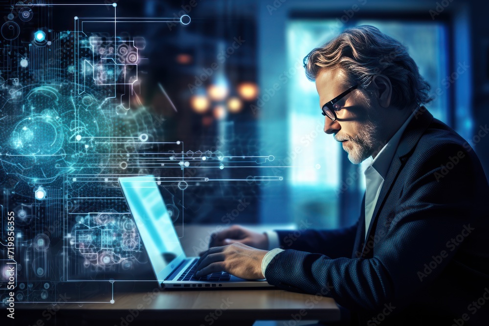 Poster businessman working on laptop computer with ai analyzing big data