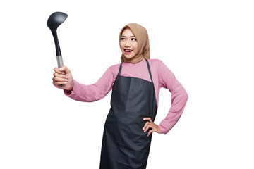 hijab muslim cooking woman with spatula and cook tools isolated transparent