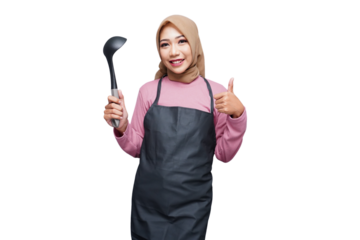hijab muslim cooking woman with spatula and cook tools isolated transparent