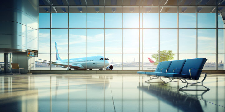 Emptiness Embodied Airport Terminal Lounge Awaiting Arrival, Airplane on Background - Powered by Adobe