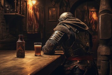 A knight facing away, sitting at a medieval bar all alone - obrazy, fototapety, plakaty