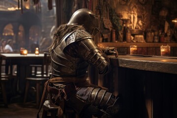 A knight facing away, sitting at a medieval bar all alone