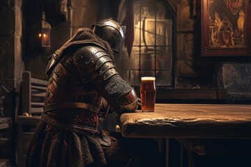 A knight facing away, sitting at a medieval bar all alone