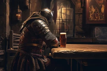 Fotobehang A knight facing away, sitting at a medieval bar all alone © ProArt Studios