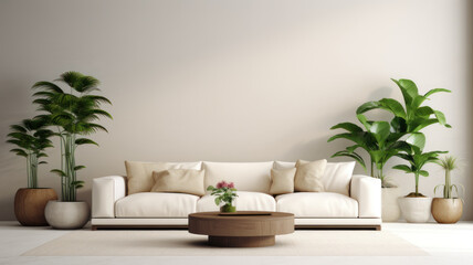 Interior of minimalist living room with green houseplants and sofas