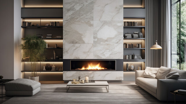 living room, marble wall fireplace and stylish bookcase to the ceiling in a chic expensive interior of a luxurious country house a modern design wood and led light, gray furniturу - Powered by Adobe