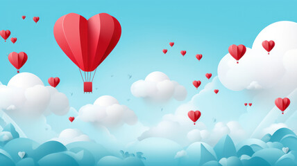Paper art of heart balloon flying and scattering little heart in the sky