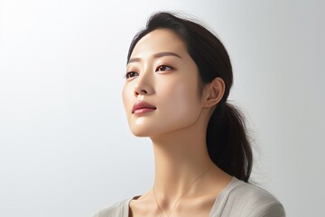 Fototapeta premium Close up portrait of asian woman thinking, looking aside 