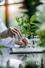 A woman in a laboratory works with blue liquid and green plants, conducting research in biotechnology, pharmaceuticals, and natural medicine.
