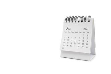 Simple desk calendar for March 2024 isolated on white background. Calendar concept with copy space.