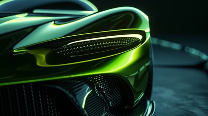 The grill of a sports car comes alive in a closeup shot neon green lights illuminating the sleek...