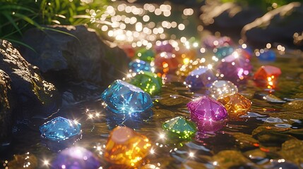 colorful gemstones are floating near a stream. generative AI