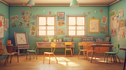 Vibrant illustrations of a welcoming kindergarten classroom with playful learning spaces and happy children - obrazy, fototapety, plakaty