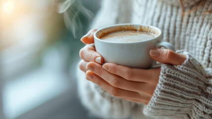 Close-up of  hands holding a steaming espresso cup focused on the cup with a blurred background of a rustic cafe