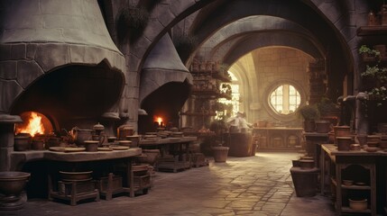 Fototapeta na wymiar a medieval lavish indoor high-elven kitchen with multiple clay ovens