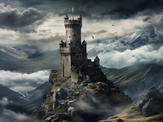 Fototapeta premium a tall, old, medieval stone tower built on top of a high mountain peak, in a storm