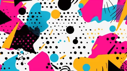 Fotobehang Vibrant geometric overlay: abstract pop art color splash pattern in trendy memphis 80s-90s style © touseef