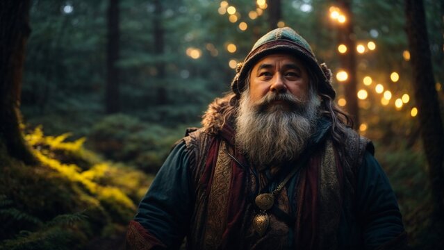 Close-up high-resolution image of a magical dwarf walking in the sacred forest.