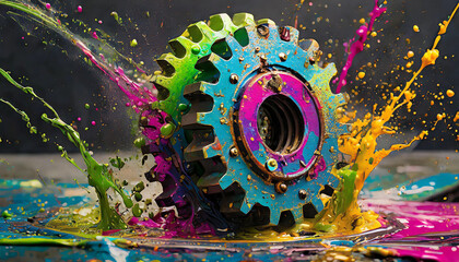 Gears falling on paint, repellent, colorful, art, design, illustration, close-up