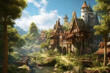 a wild, sunny summer forest , with expensive medieval houses standing on the banks of a small river illustration