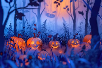 A mysterious and foggy pumpkin patch with pumpkins of various sizes