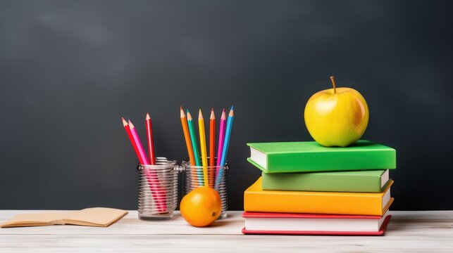 School education themed photo, stack of books pencils pens and apples on the table, with a blackboard background.