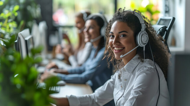 Multiethnic office team with headsets smiling as they work on computers, providing customer service and telemarketing support, selective focus