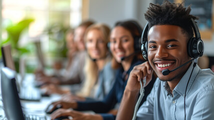 Multiethnic office team with headsets smiling as they work on computers, providing customer service and telemarketing support, selective focus  - obrazy, fototapety, plakaty