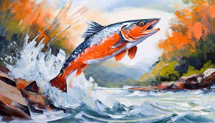 Painting of a salmon leaping out of the water