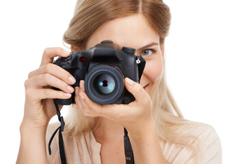 Photographer, camera lens and focus with woman and creative, take picture for art and photo journalist on white background. Press, creativity and photography in studio for content creation with tech