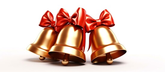 Gold Bells With Red Ribbon Bow Isolated on White Background.