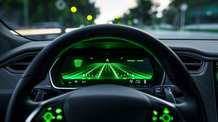 The camera zooms in on the steering wheel of a car showing the Adaptive Cruise Control on...